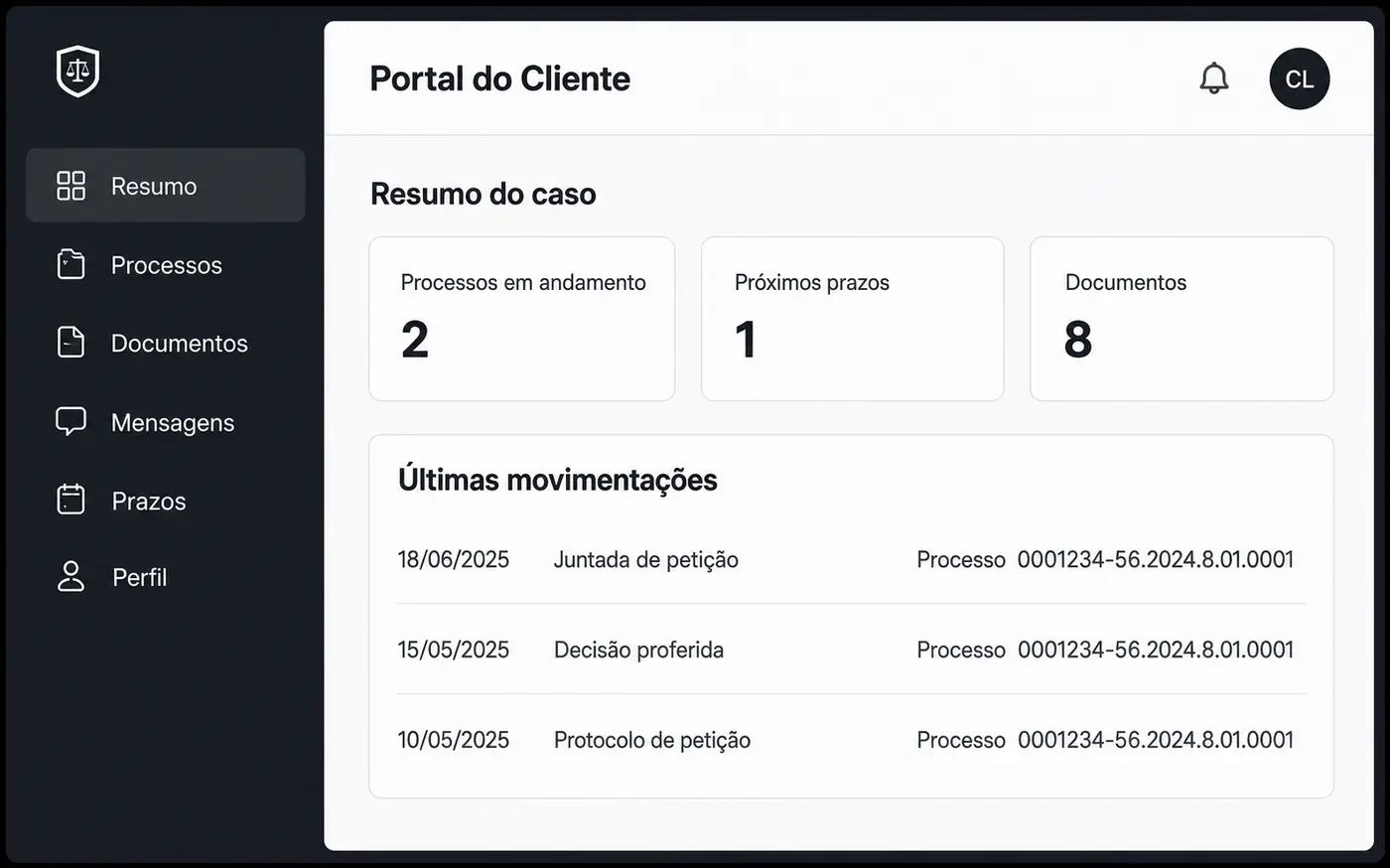 Área do cliente com acompanhamento do processo, atualizações, documentos e mensagens